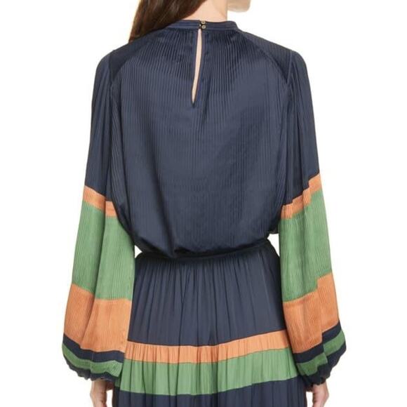 ULLA JOHNSON Rosa Pleated Satin Blouse Midnight Navy Long Sleeve Women's 6 - Picture 3 of 15